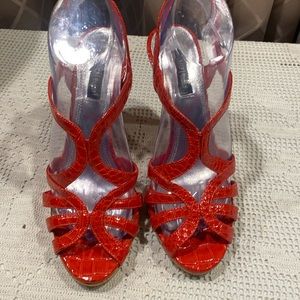 White House Black Market Red Snakeskin Like Stiletto Cork Platform Heels, Size 8